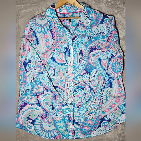 Talbots Lilly Pulitzer Style Long Sleeve Button Up Shirt 1X Lightweight cotton. - Picture 1 of 13